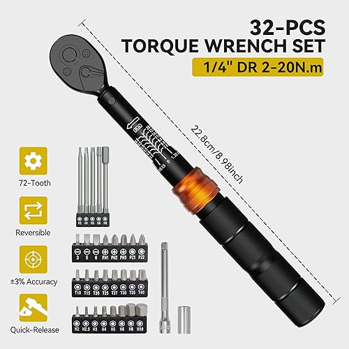 Miniatura 3 de Juego de llaves dinamométricas para bicicleta de 32 piezas, 14 pulgadas, 2-20 N.m, 72 dientes reversibles con liberación rápida