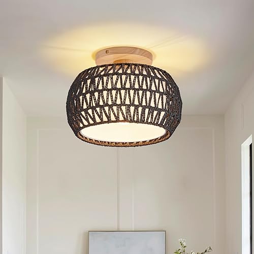 Miniatura 11 de Lámpara de Techo de Ratán, 3 Opciones de Estilo Luces de Techo Boho de Montaje al Ras, Candelabro de Ratán Tejido a Mano, Mini Lámparas de Mimbre