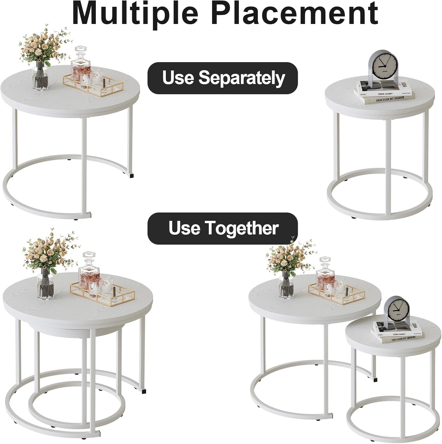 Huhote 2 Stücke Beistelltisch Set rund, Moderne Kaffeetische Satztische für Wohnzimmer Schlafzimmer, Reines Weiß