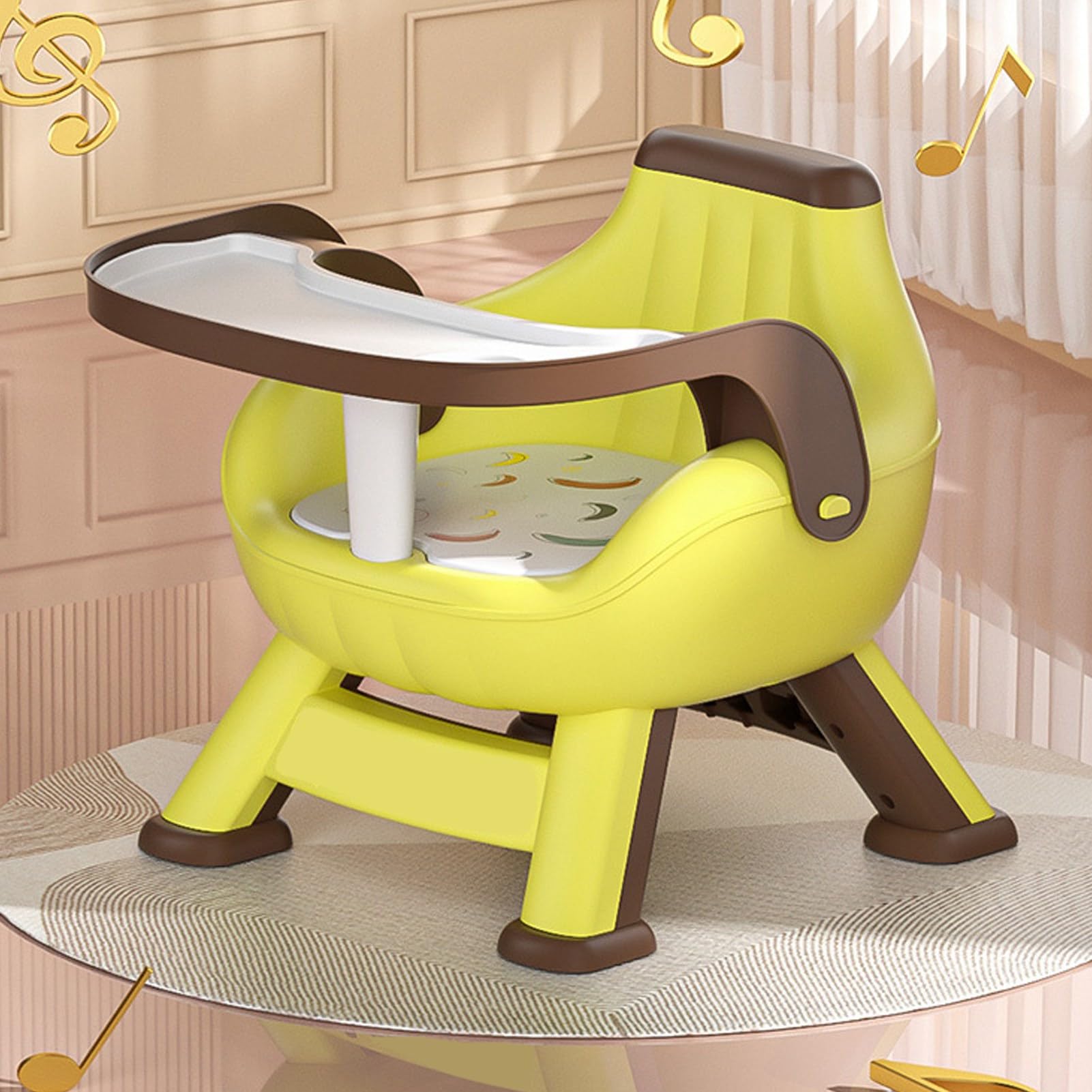 Silla para Comer Multifuncional para bebé con Cojín de Sonido Suave, Bandeja de Doble Capa, Diseño Extraíble para Alimentación Infantil (Amarilla)
