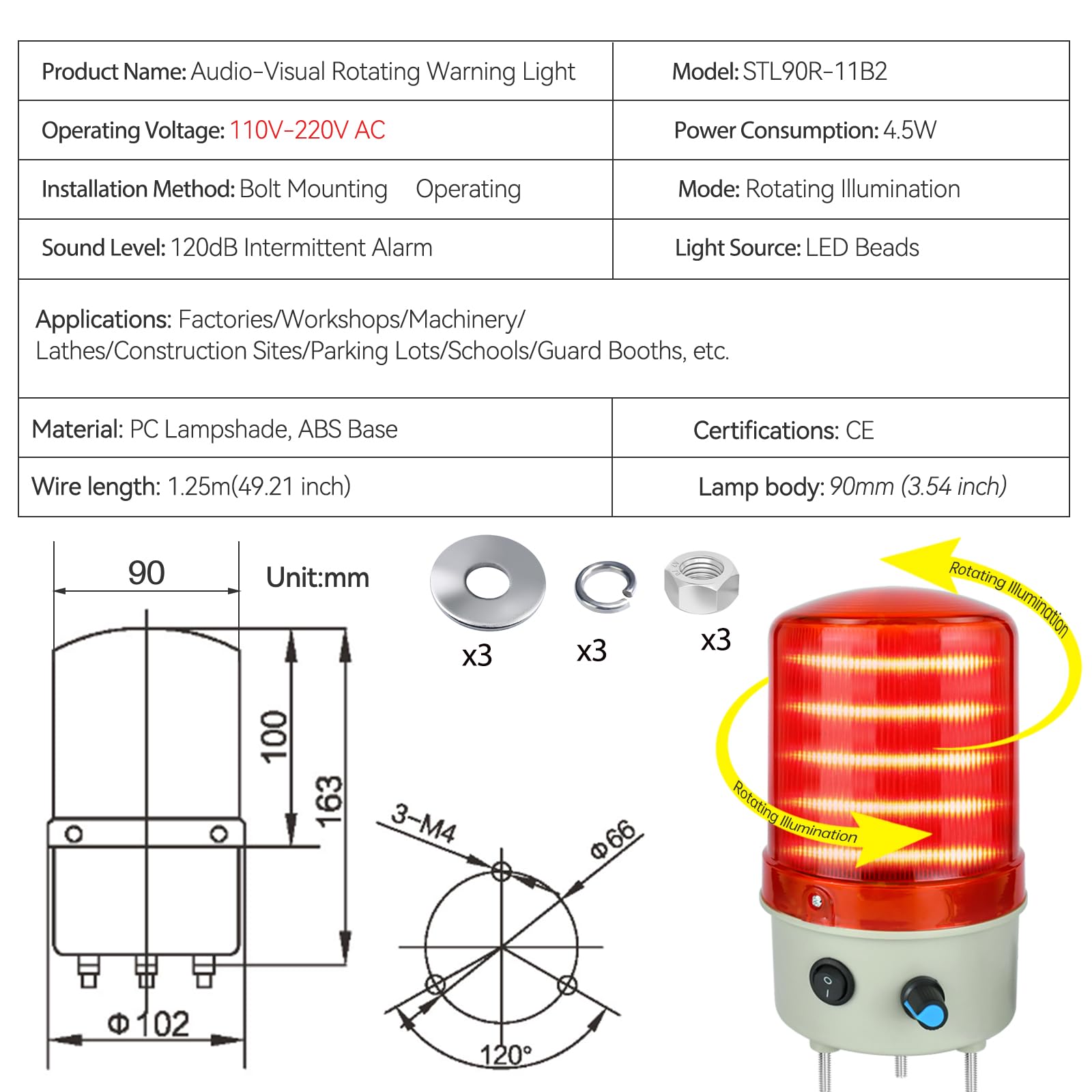 Luz de advertencia industrial de metal para torre de 110 V CA, señal de columna, lámpara indicadora de torre de béisbol, faro continuo con zumbador, rojo