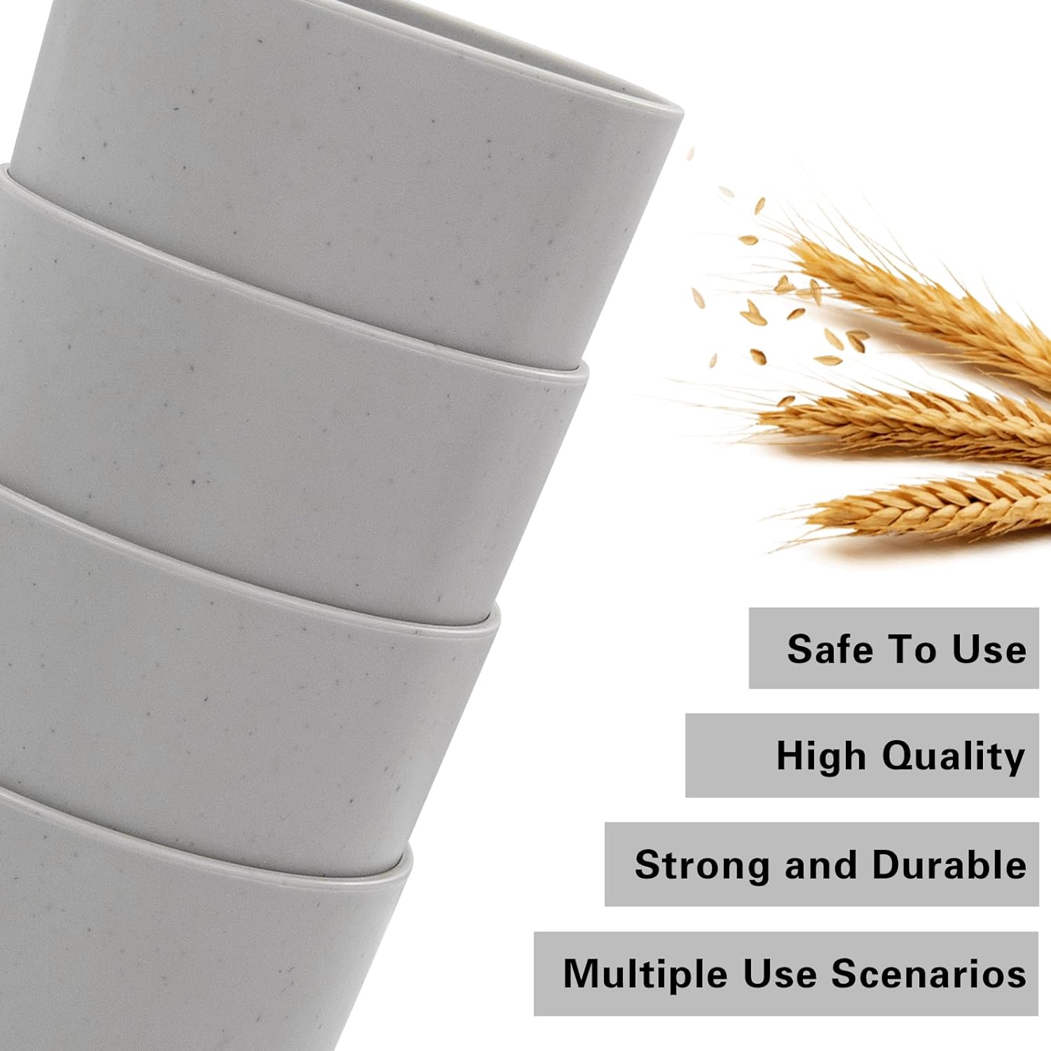 EI Wheat Straw Cups 8pcs Grey Plastic Reusable Cups for Kitchen Unbreakable Plastic Drinking Glasses for Water, Coffee, Juice, Tea - Image 3