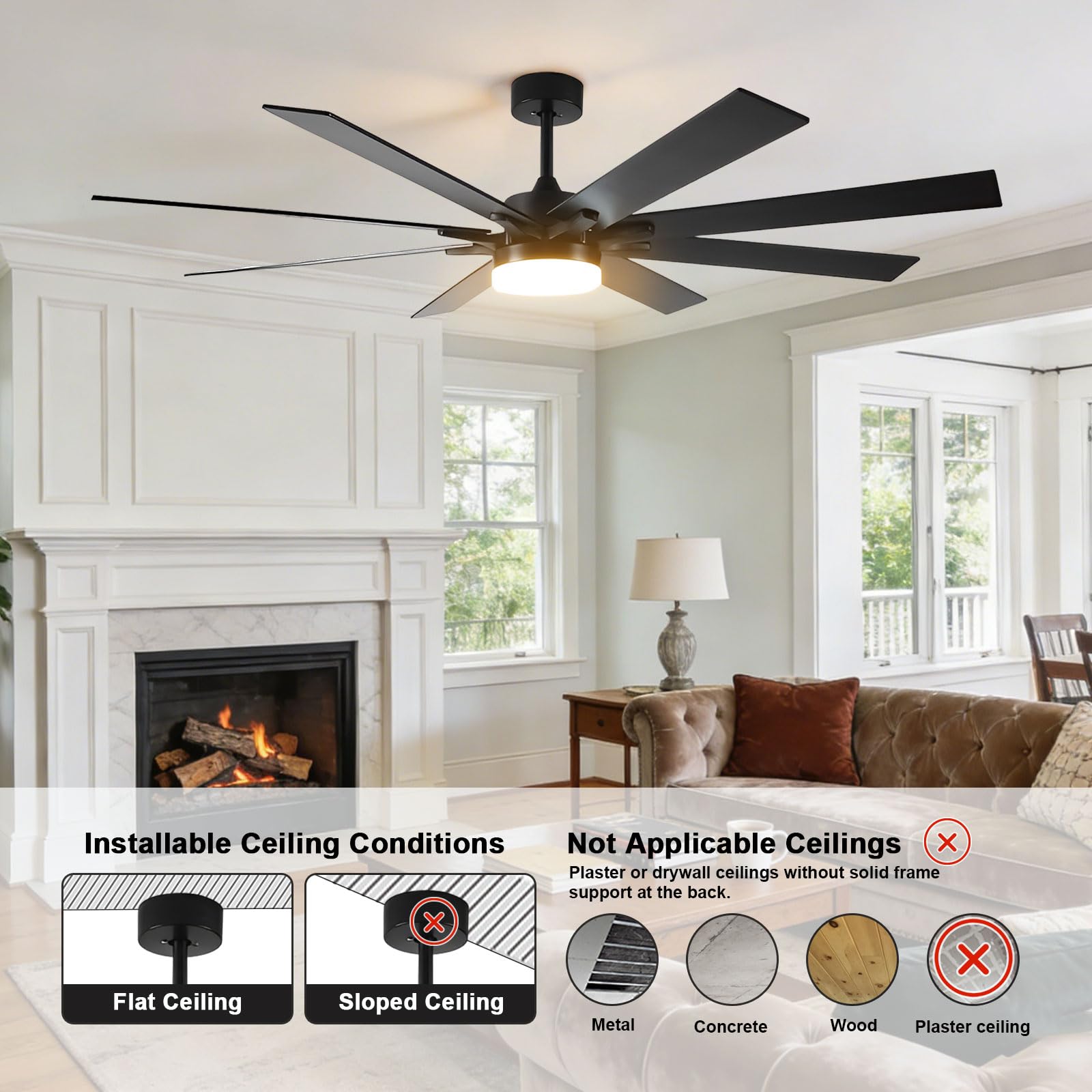 Ventilatore da soffitto Silenzioso per Interni con Luce LED dimmerabile, 72 Pollici, Controllo Intelligente Tramite Telecomando/App/vocale, 6 velocità, Colore Nero Moderno, Ideale