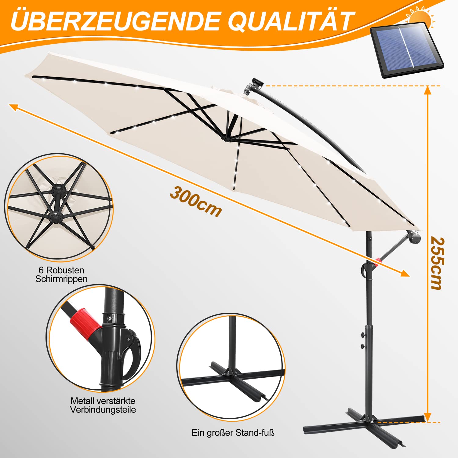 Aluminiowy parasol przeciwsłoneczny LED, parasol słoneczny, beżowy, Ø 300 cm, z korbą, ze stojakiem, ochrona przed promieniowaniem UV, aluminium, z korbą, wodoszczelny, Beżowy z diodami LED