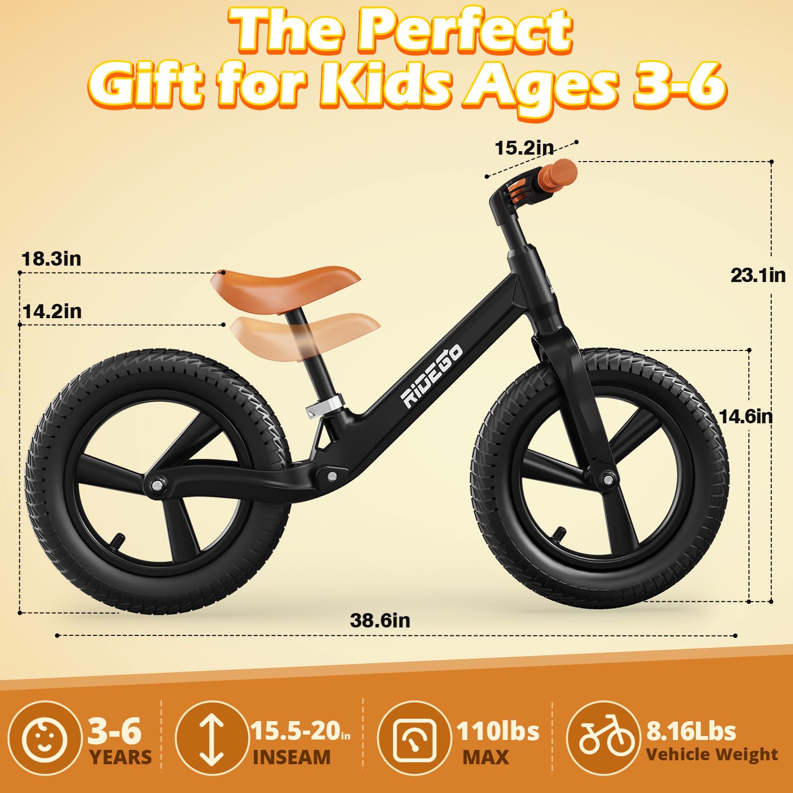 Ridego 12 or 14 Inch Balance Bike for Kids 2-6 Year Old,Lightweight Kids Bike with Adjustable Seat, Push Bicycle with Air Rubber Tires，Ride-on Toys Birthday Gift