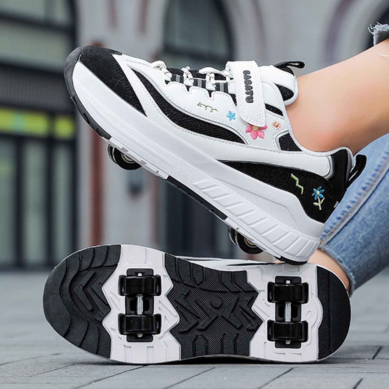 Surwin Schuhe mit Rollen Kinder Mädchen Jungen, Stickerei Blume Turnschuhe mit 4 Rollen Rollschuhe Schuhe Skateboardschuhe Roller Skate Shoes Rollschuhe Sneaker für Sport