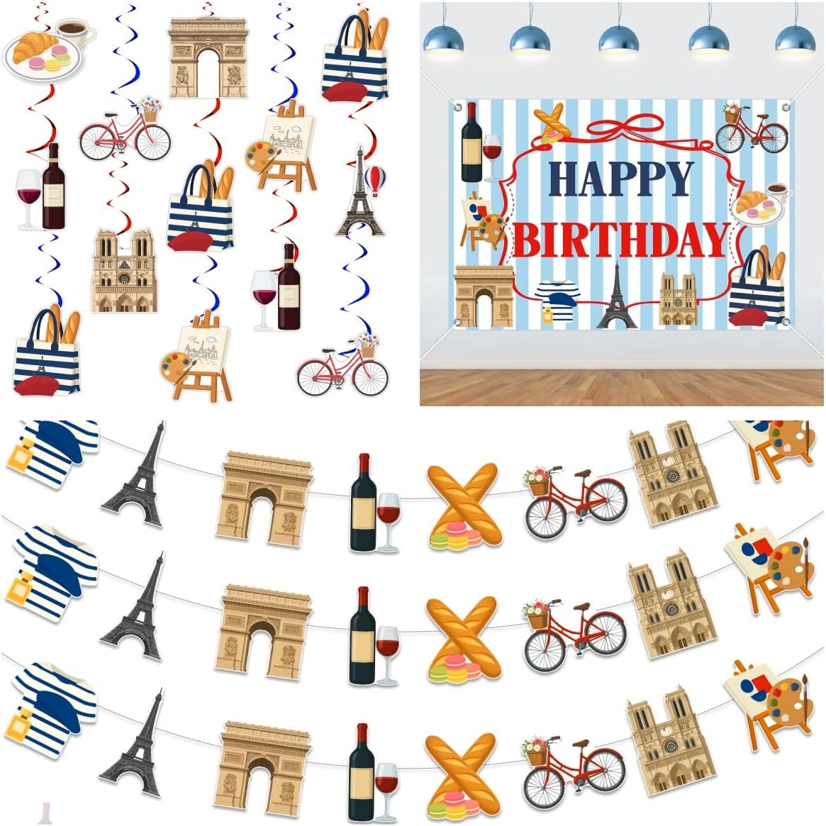 3 Pcs Romantic France Themed Banner Backdrop Hanging Swirl Decorations