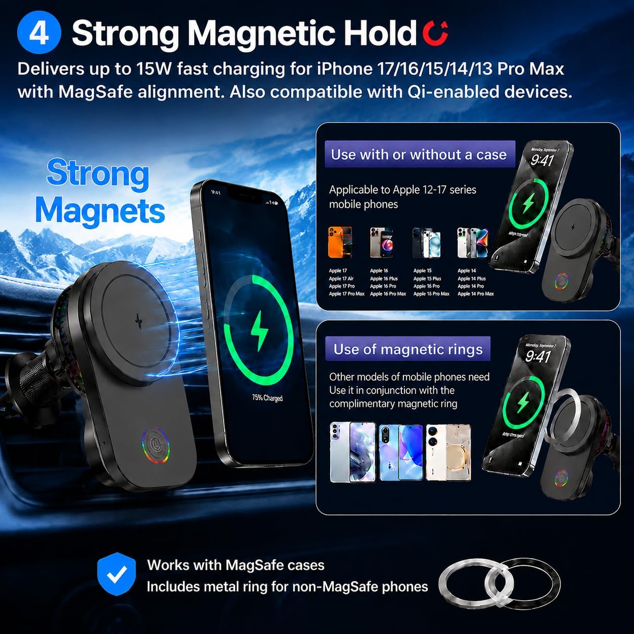 Wireless Car Charger Mount, 15W Fast Charging MagSafe Phone Holder with Cooling Fan, Auto 90° Rotation, Vent & Dashboard Mount for iPhone 17/16/15 Pro Max, Samsung S25/S24
