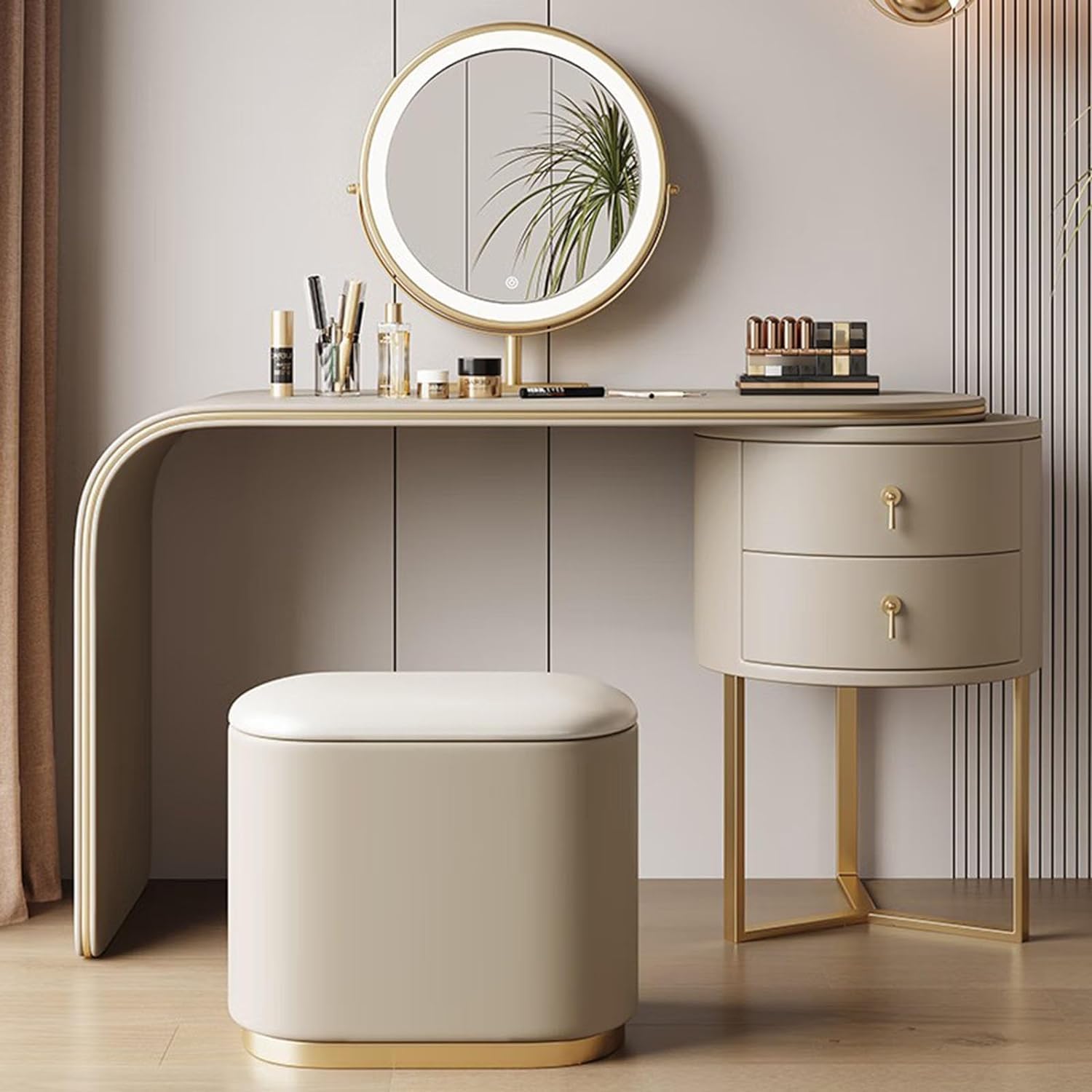 asdchZen Modern Makeup Desk Set With 360°Rotatable Mirror 3 Lighting Modes Adjustable Brightness 2 Drawers-Stylish Bedroom Vanity Table For Beauty And Nizing,Brown-80CM