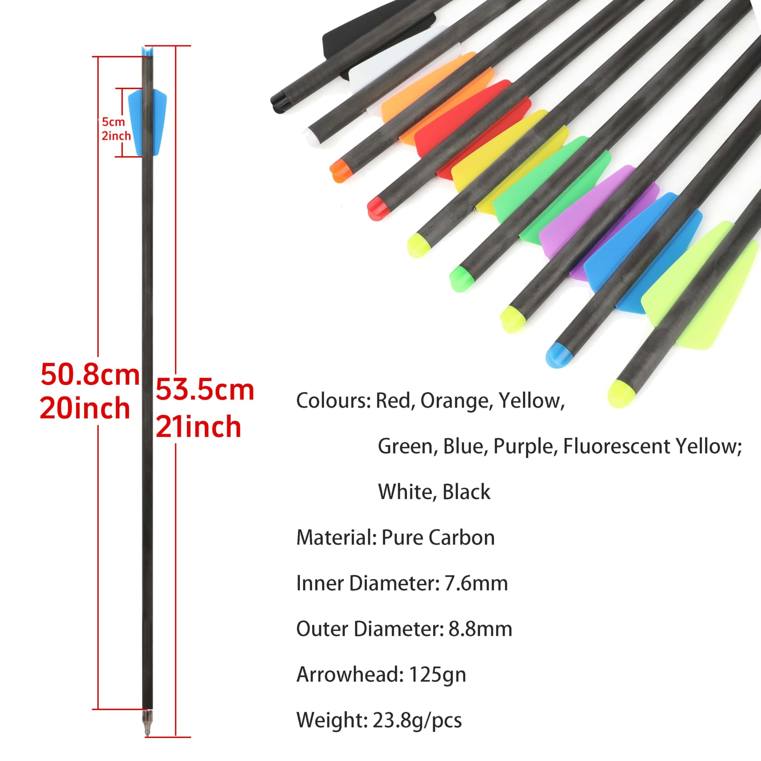 Flechas para Ballesta de Tiro con Arco Flecha de Carbono Puro de 20 Pulgadas con Pluma de 2 Pulgadas para prácticas de Tiro al Blanco y Tiro al Aire Libre 12pcs