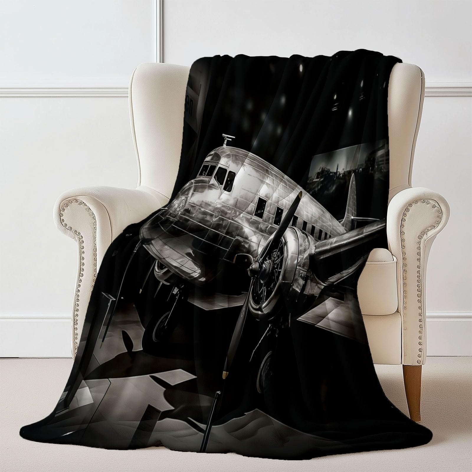 Koc polarowy 200 x 220 cm samolot zabytkowy czarny flanelowy koc polarowy dla 2 osób, z nadrukiem, miękki i ciepły na sofę