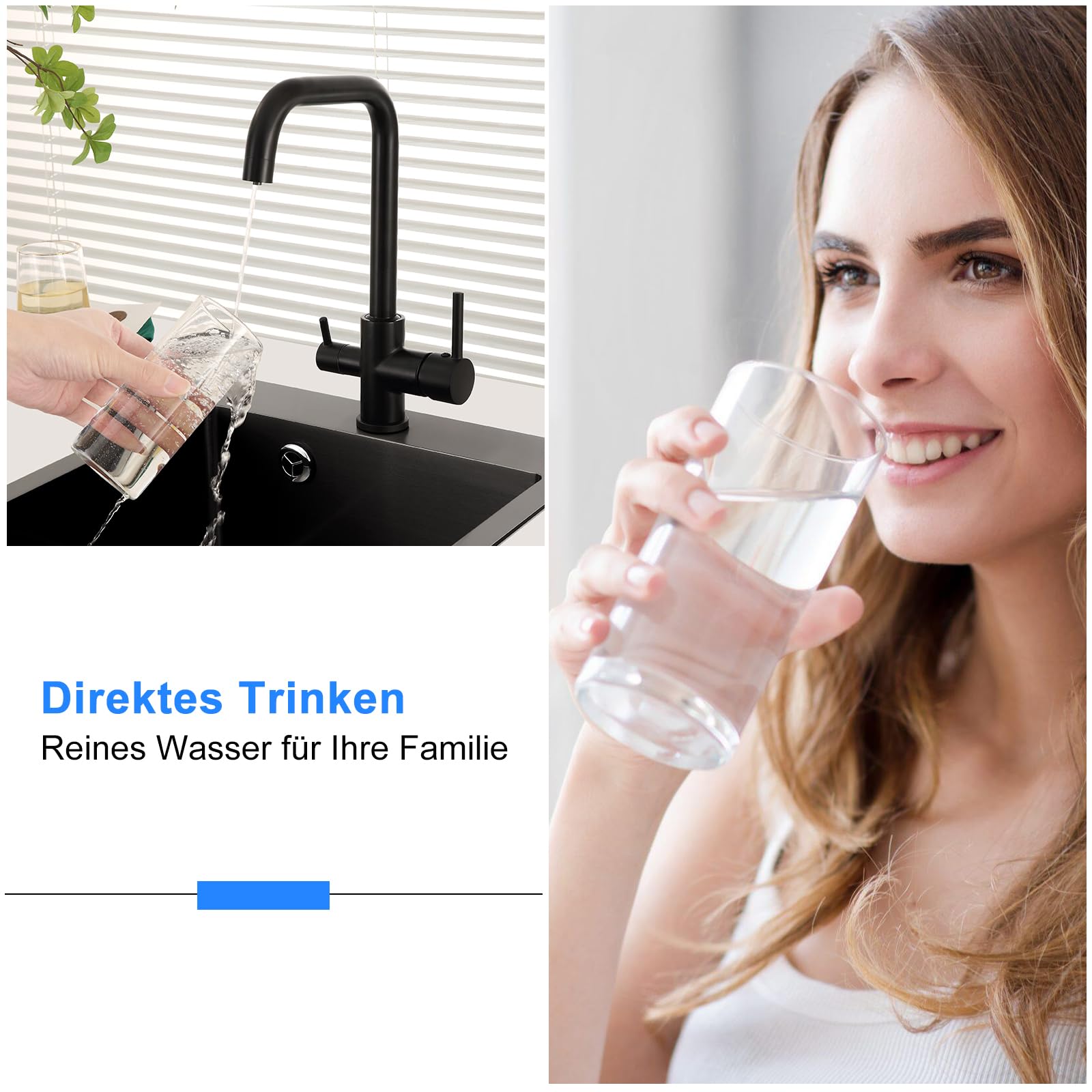 Grifo de tres vías negro, 3 vías, giratorio 360°, grifo de 3 vías para sistema de ósmosis, grifo de agua potable con 2 palancas, latón para sistemas de filtro, negro retro