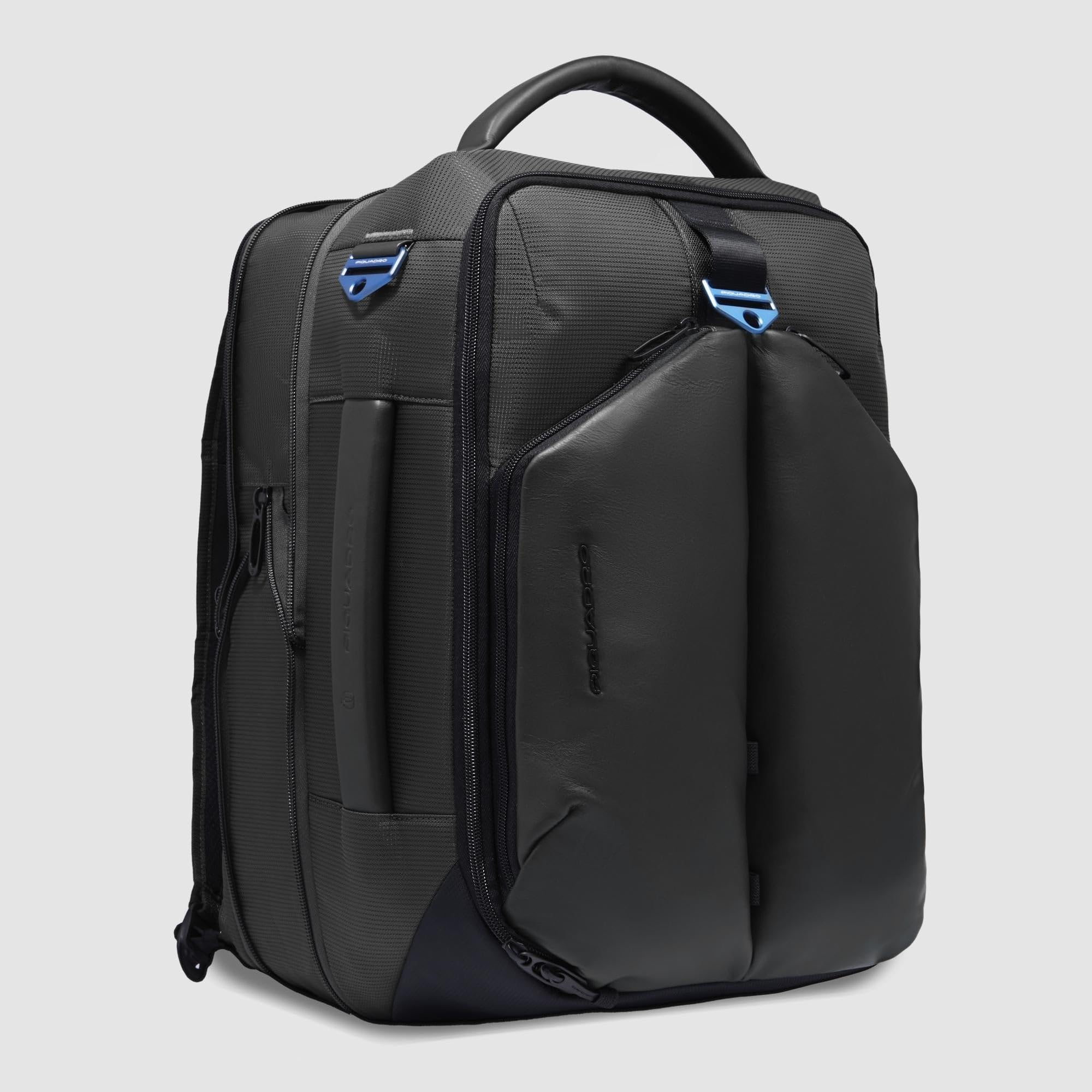 PIQUADRO - Zaino Porta PC 15,6" in Pelle e Tessuto Tecnico - Uomo - Nero | Aggancio per Trolley, Spallacci imbottiti, Vani organizzati, Resistente, Ufficio, Uso quotidiano