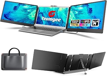 Teamgee 14" Laptop Screen Extender, FHD 1080P IPS Triple Portable Monitor for 13-17 Inch Laptops, Plug & Play via HDMI/USB-A/Type-C, Built-in Speakers & Kickstand, Compatible with Mac/Win/Android/Dex