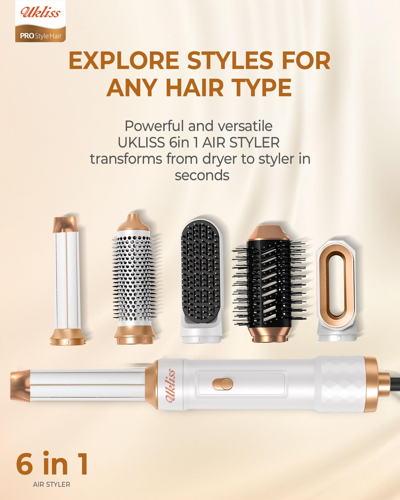 UKLISS Spazzola Asciugacapelli 6 in 1, Hair Styler Set with Hair Dryer Brush, Arricciacapelli Automatico, Thermal Brush, Spazzola Lisciante, Spazzola ad Aria Calda, Regali per Donne Styling - Bianco