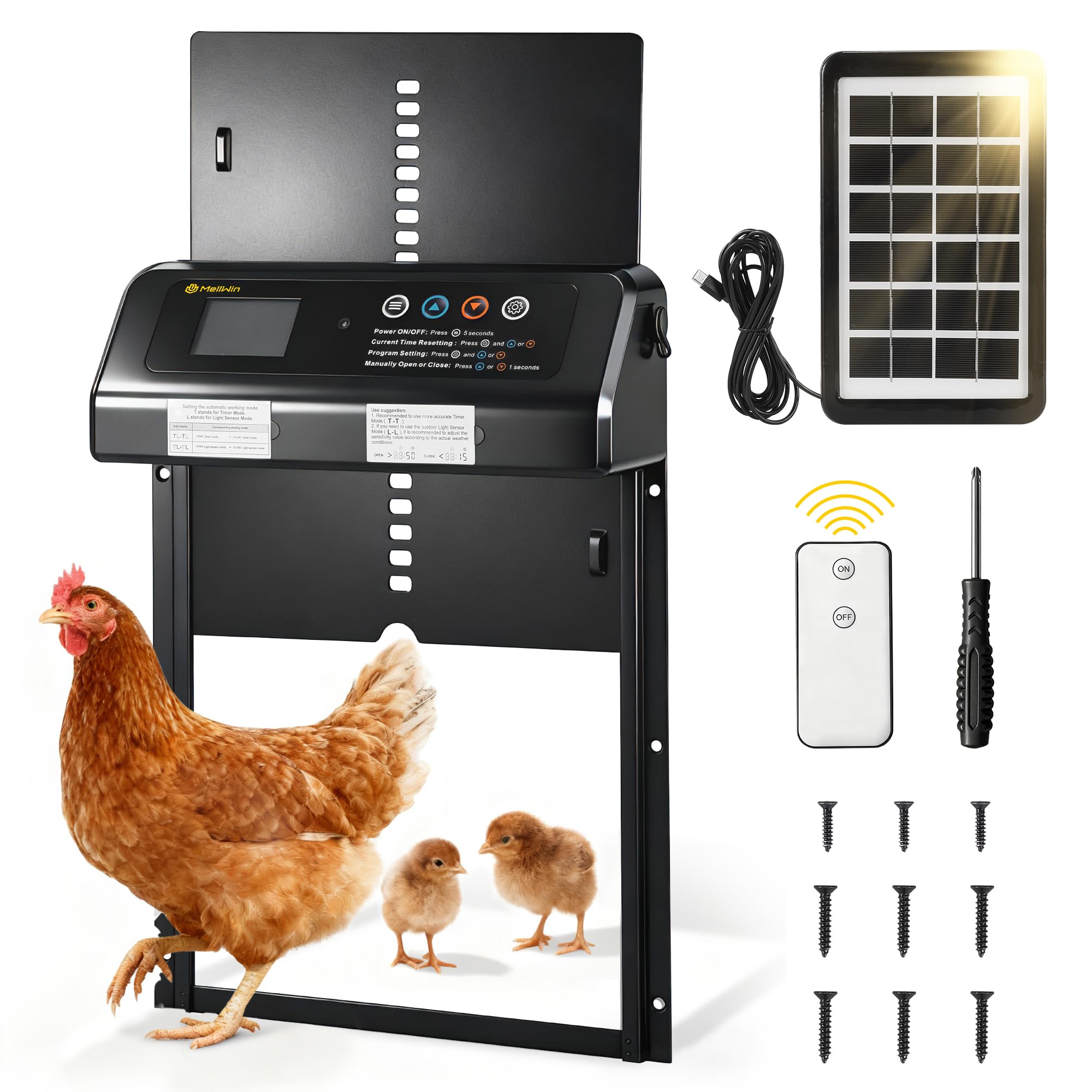Porte de poulailler Automatique Solaire avec Affichage LED–Capteur de lumière,Porte de poulailler Automatique Anti-prédateurs (avec Outils auxiliaires) | 35 x 25 cm aluminium avec Affichage LED, protection contre la pluie et la neige,Anti-prédateurs et sé