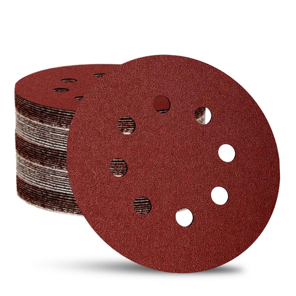 5 Inch 8-Hole Hook and Loop Sanding Discs Sandpaper Red Round 220 Grits Sandpaper for Random Orbital Sander (220 Grit 52-Pack)