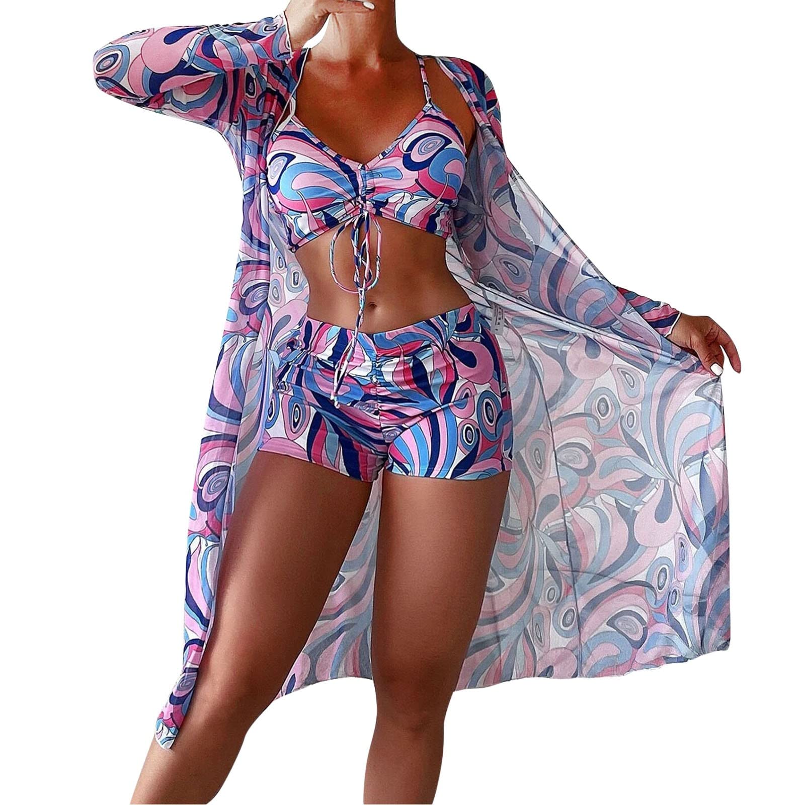 riou 3 Piezas Bikinis Mujer 2024 Push Up Elegante con Relleno Conjunto Traje de Baño + Cover Up Cruz hacia Atrás Cordones Top de Bikini con Shorts de Baño Verano Bañadores Ropa de Playa