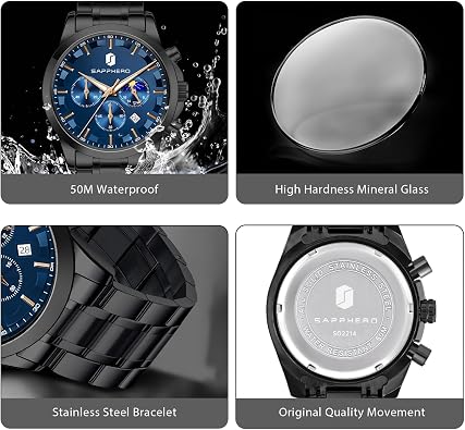 SAPPHERO Chronograph Watches for Men, Original Business Casual Stainless Steel Analog Watch 50M Waterproof Luminous Watches with Date Dial, Mens Gift