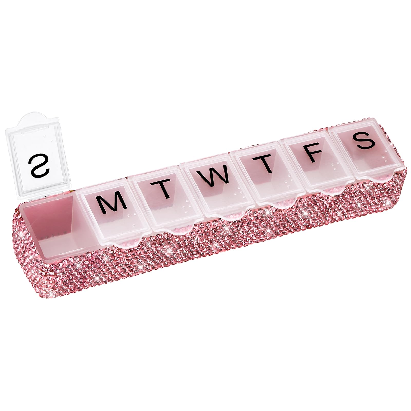 Soleebee Portable Weekly 7 Day Pill Organizer, Bling Crystal Pill Box Case, Travel Pill Planner, Pill Dispenser, Medicine Vitamin Container Organizer