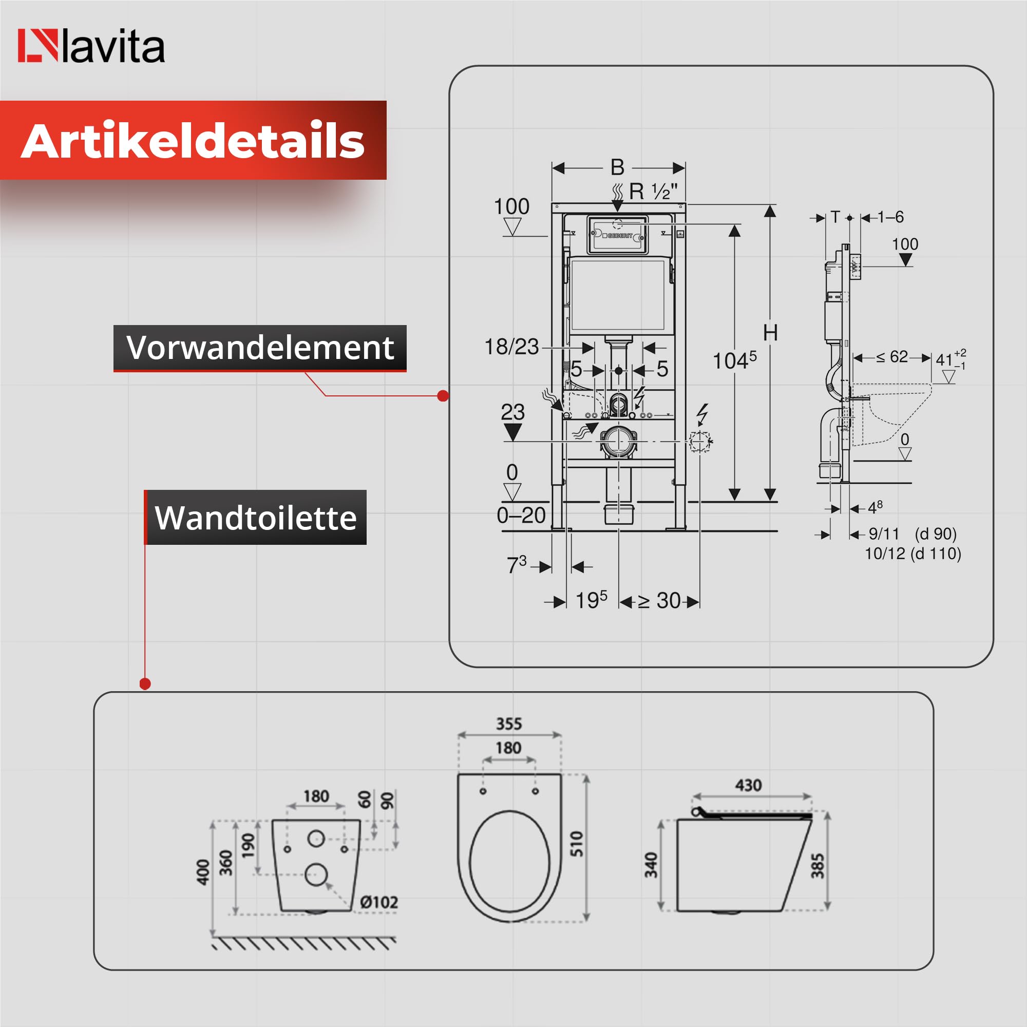 Lavita Duofix Basic Vorwandelement + Wand Tiefspül WC Galve Weiß Spülrandlos + WC Sitz + Bedienplatte Delta 25 Schwarzer Knopf Komplettset Unterputz Spülkasten Toilette Komplett Sett WC