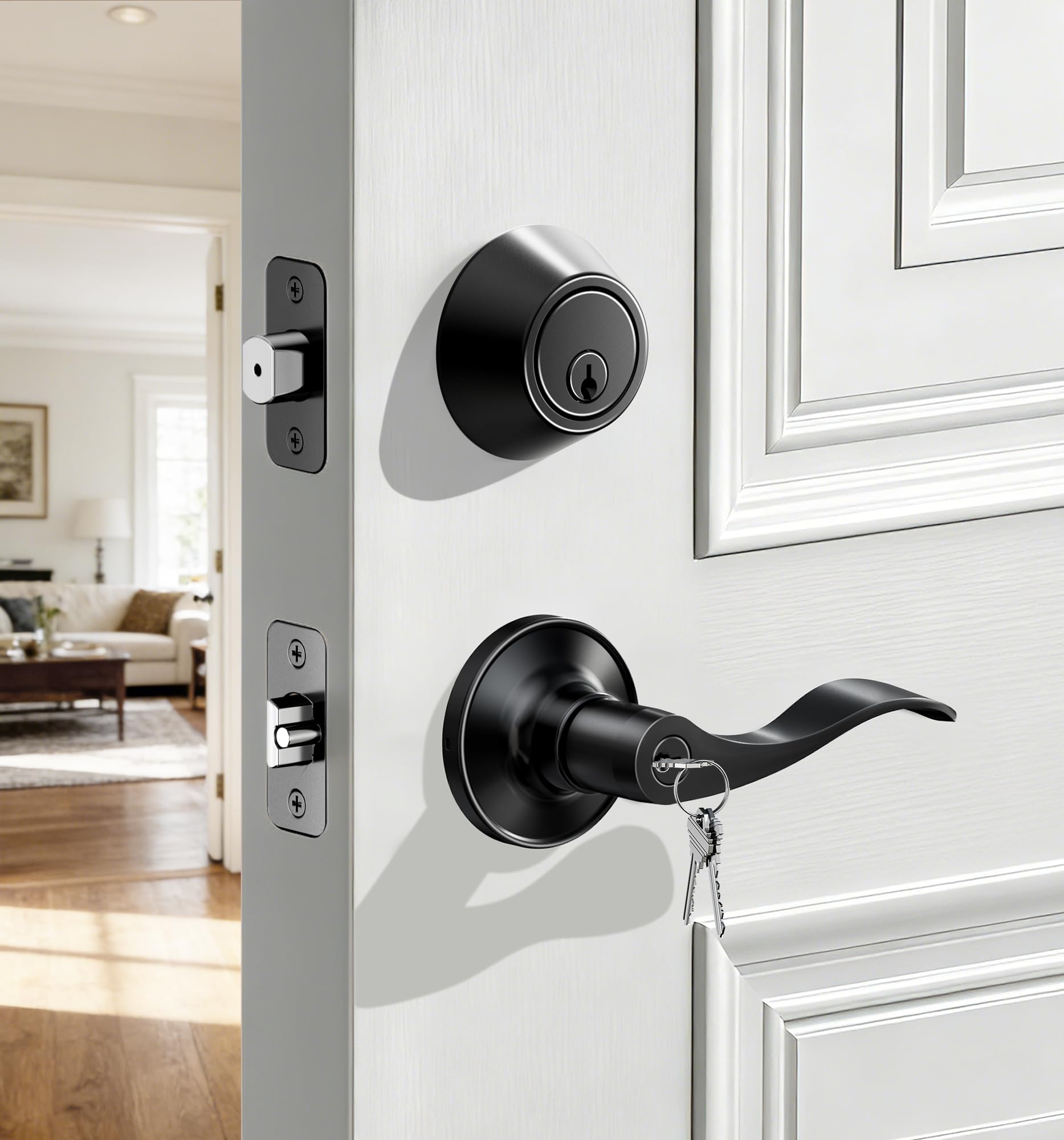 Veise Keyed Alike Front Door Lever, Exterior Door Lever & Single Cylinder Deadbolt Combination Set, Wave Style Entry Door Knob, Heavy-Duty Reversible Left/Right Handle for Bedroom Doors, Matte Black - 1