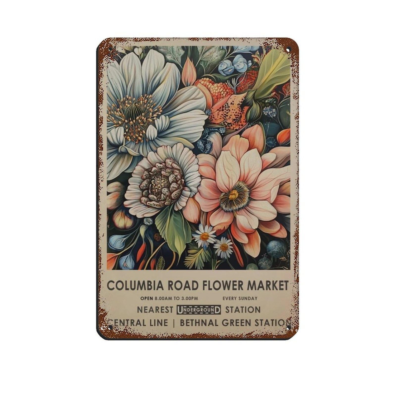 Columbia Road Flower Market, Vintage Meadow Flower (2) Retro Poster Metal Tin Sign Chic Art Retro Iron Painting Bar People Cave Cafe Family Garage Poster Wall Decoration 8x12inch(20x30cm)