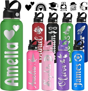 Custom Water Bottle Personalized for Kids Adults Name & Icon Engraved Customized Insulated Water Bottles with Straw Lid - 12/18/24/32/40 Oz