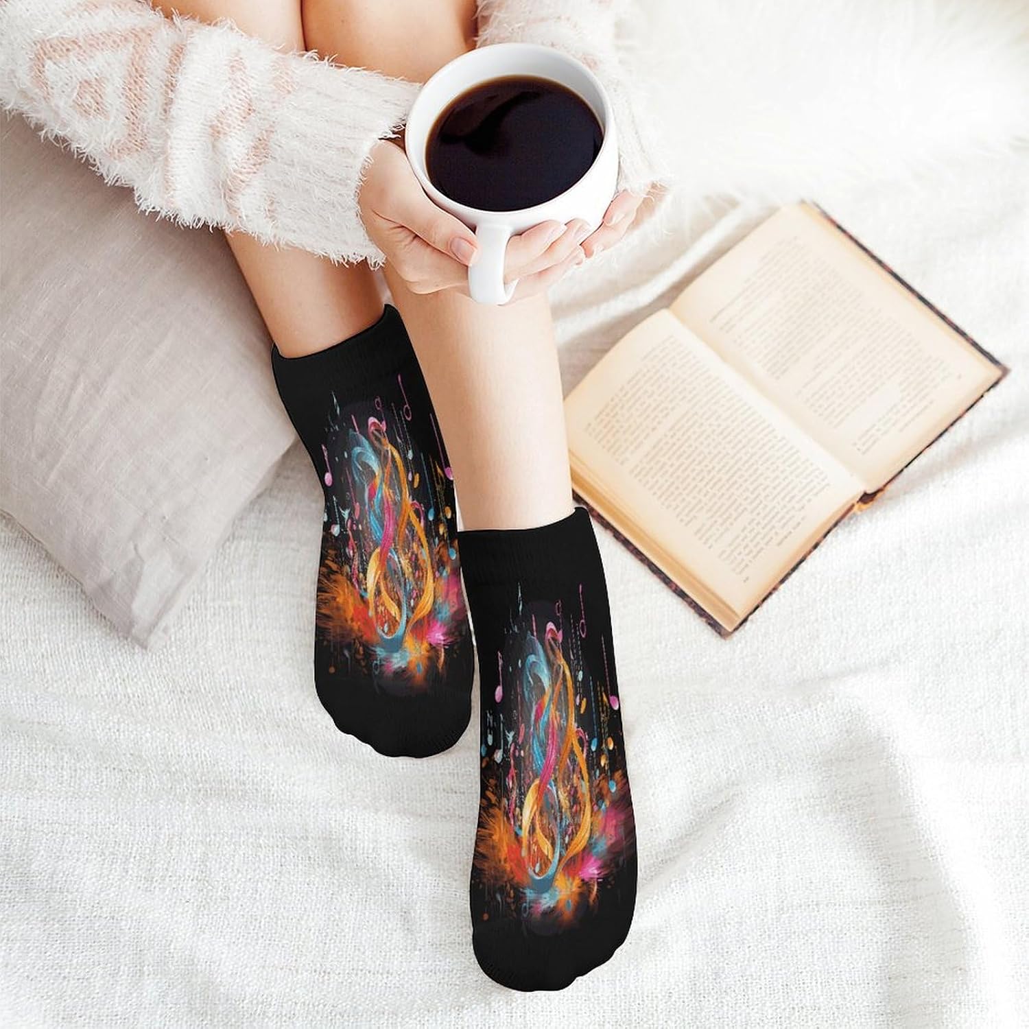 Colorful Musical Note Ankle Sock,Cushioned Crew Socks Low Cut Compression Running Sock with Ankle Support for Men Women(5 Pairs)