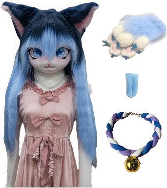 Fur Suit Animal Hood, Anime Style Kig Hood, Halloween Masquerade Cosplay Costume With Bells, Tongue Gloves