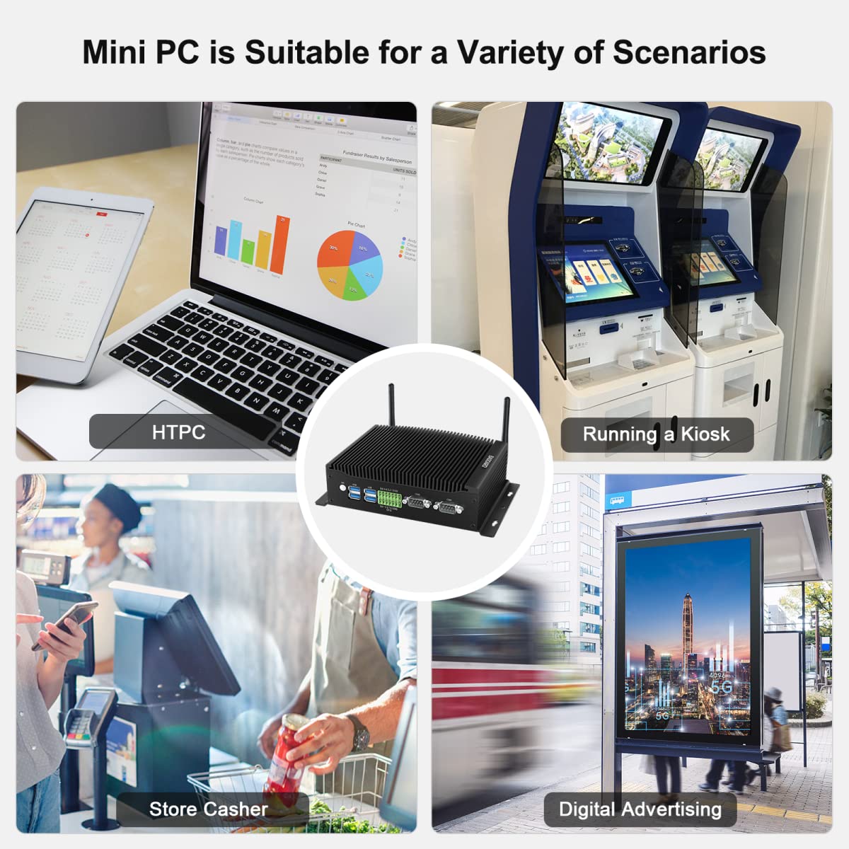 BASOARO Mini PC sans Ventilateur PC Industriel Win 11 Pro Core i7 10510U Fanless PC, 16GB RAM 256GB SSD, Double LAN RJ45, Triple écran 4K (2HD+DP), 2 RS232/422/485 COM, GPIO, 6 USB, WiFi, BT