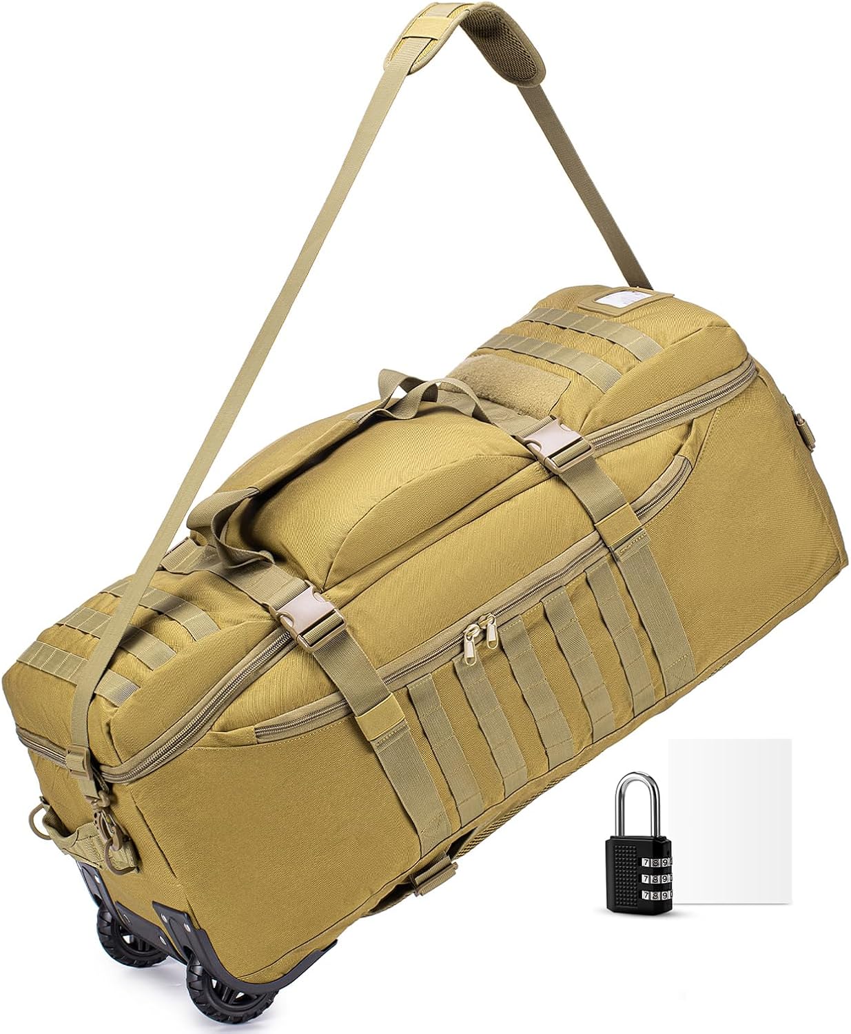 Tactical Travel Duffle Bag with Wheels and Handle 3 in 1 Large 85L XL Rolling Travelling Backpack Waterproof Oxford Carry On Hand Luggage Deployment Bags with Combination Padlock, Khaki