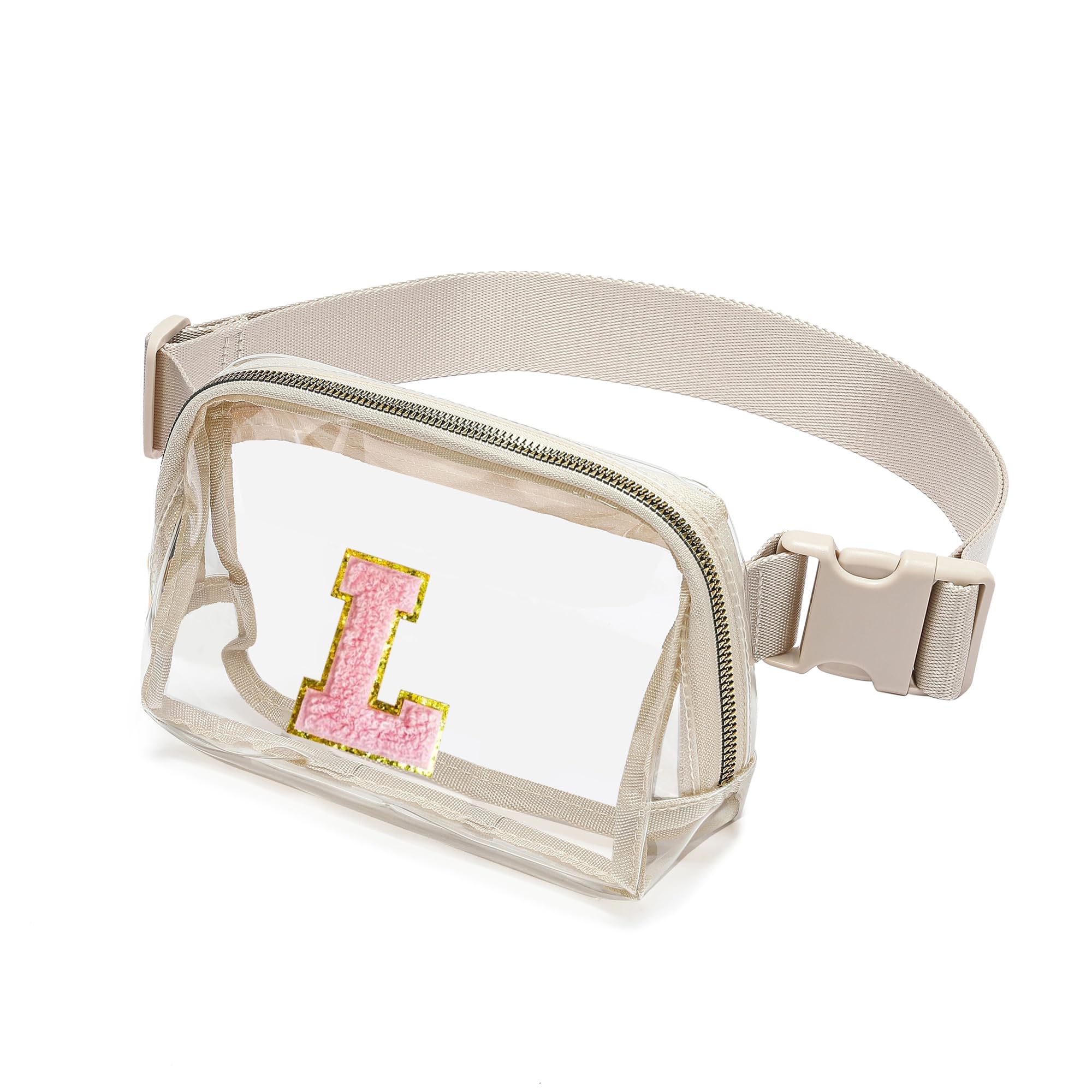 Clear Belt Bag Clear fanny pack stadium approved for Women Men with Adjustable Strap Clear Crossbody Bag Waist Bag for Concerts Sports Travelling Hiking Running (L), BEIGE