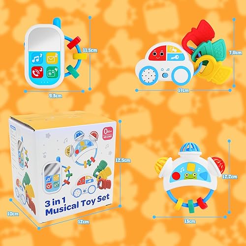 Miniatura 6 de Juguetes sensoriales para bebés 3 piezas de sonajero para bebé, juguetes de dentición con música, juguetes Montessori para bebés recién nacidos