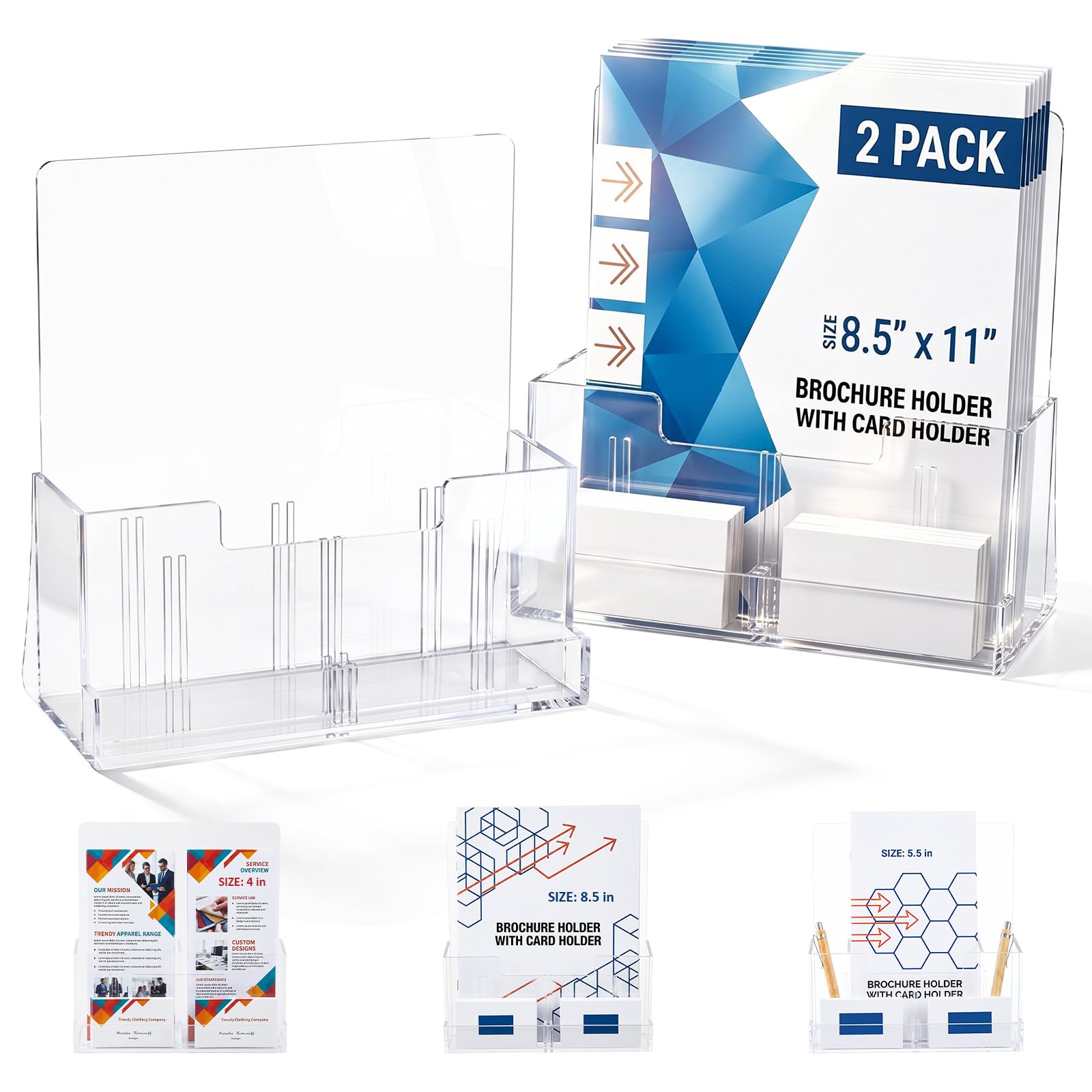 Marspark Lot de 2 porte-brochures en acrylique transparent de 21,6 x 27,9 cm avec fente pour cartes de visite, séparateur amovible pour brochures, magazines, menus, journaux
