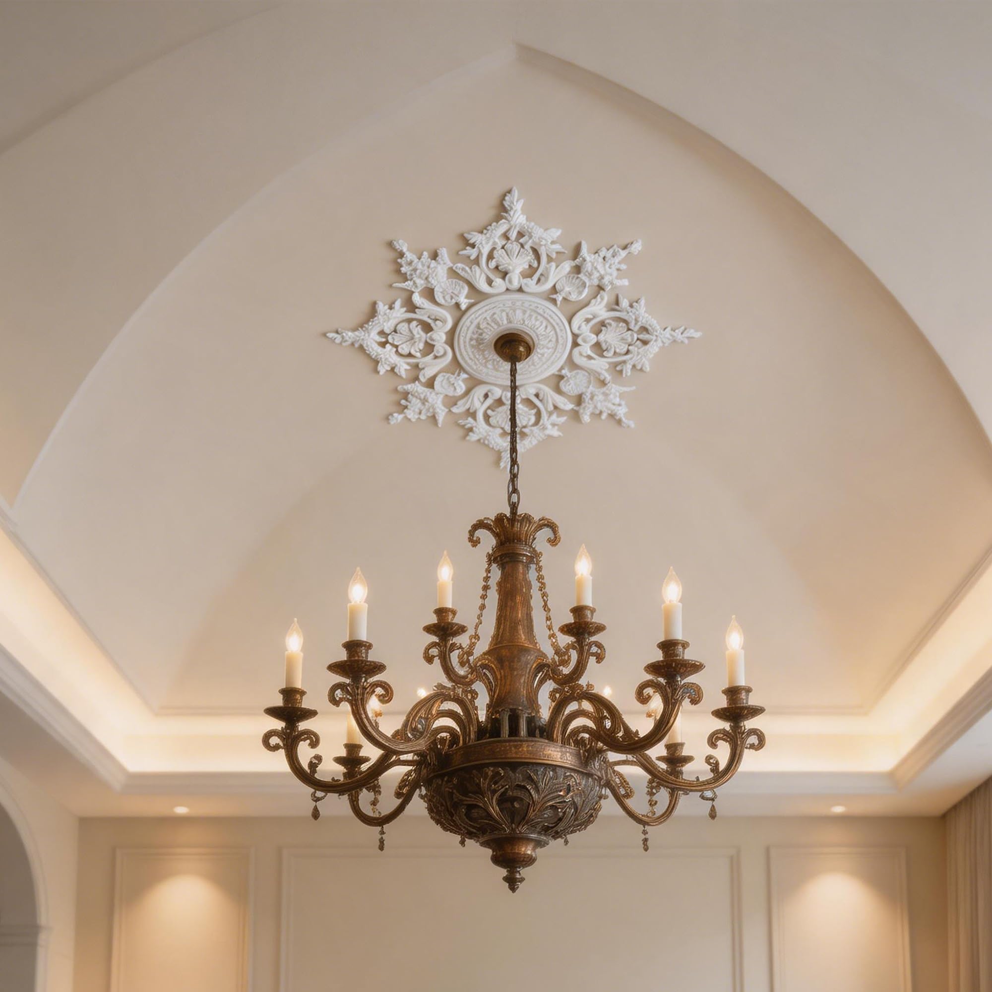 Rosone Lampadario Soffitto Bianco Polistirolo Decorativo | Medaglione del Ventilatore Rotonda Moderno per Pareti Portalampada(108cm)