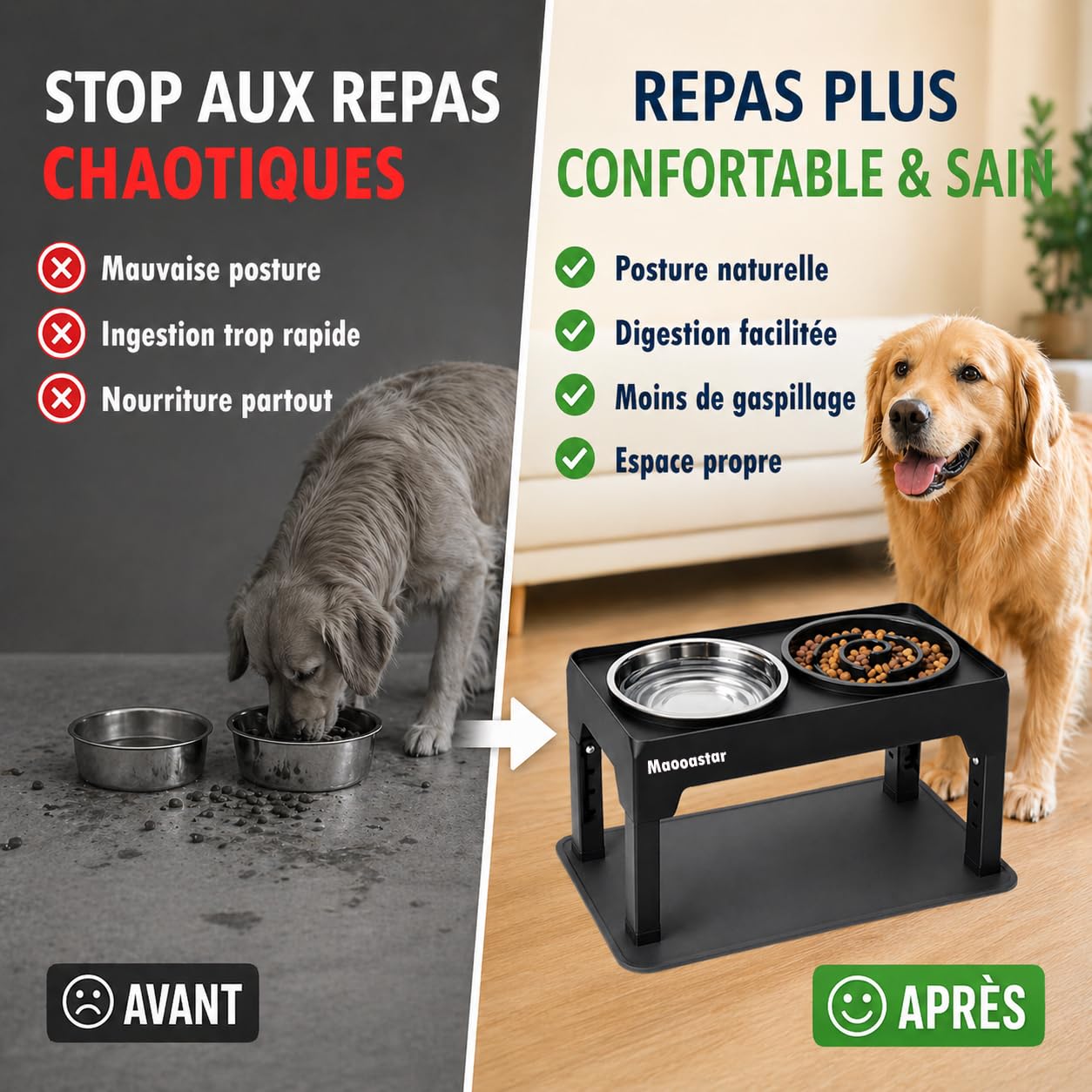 Gamelle Surélevée pour Chien Réglable – 5 Hauteurs Ergonomiques – Améliore Posture & Digestion – 2 Bols INOX 1200ml + Anti-Glouton 800ml – Tapis Antidérapant – Chiens Petits, Moyens, Grands