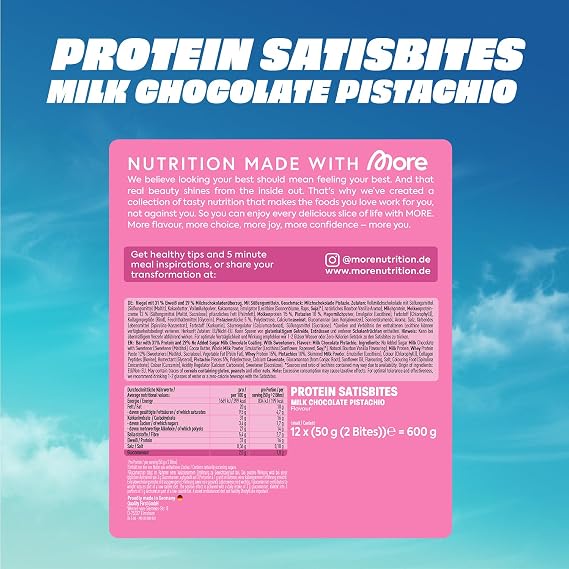 More Protein Satisbites, 12er Box Proteinriegel, Milk Chocolate Pistachio