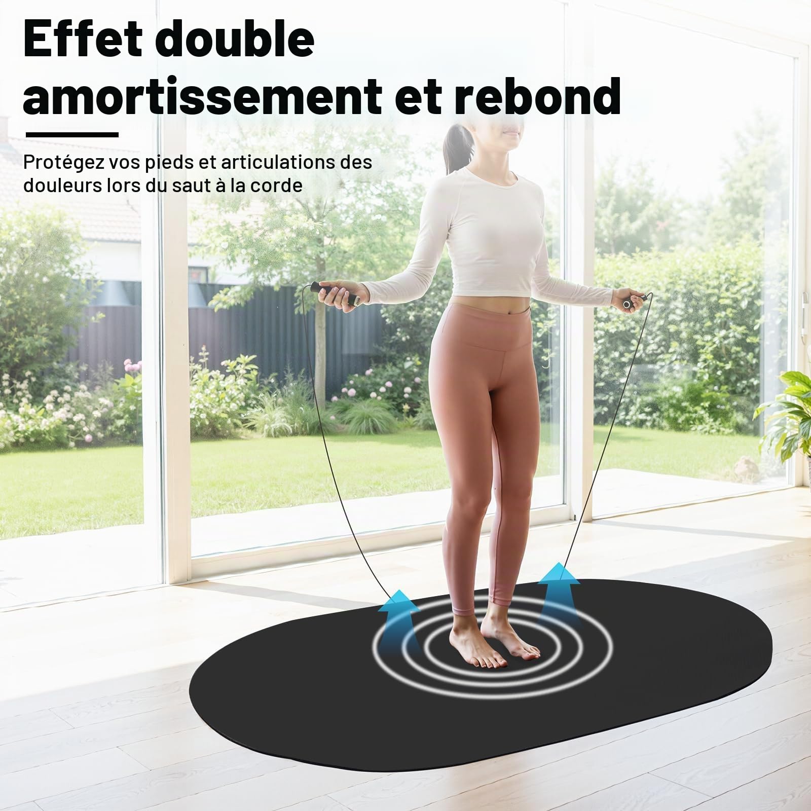 bimiti Tapis en corde à sauter - 140 x 90 cm - Antidérapant - Épaisseur : 7 mm - Absorbe les chocs - Ovale - Pour saut à la corde, yoga, entraînement (noir)