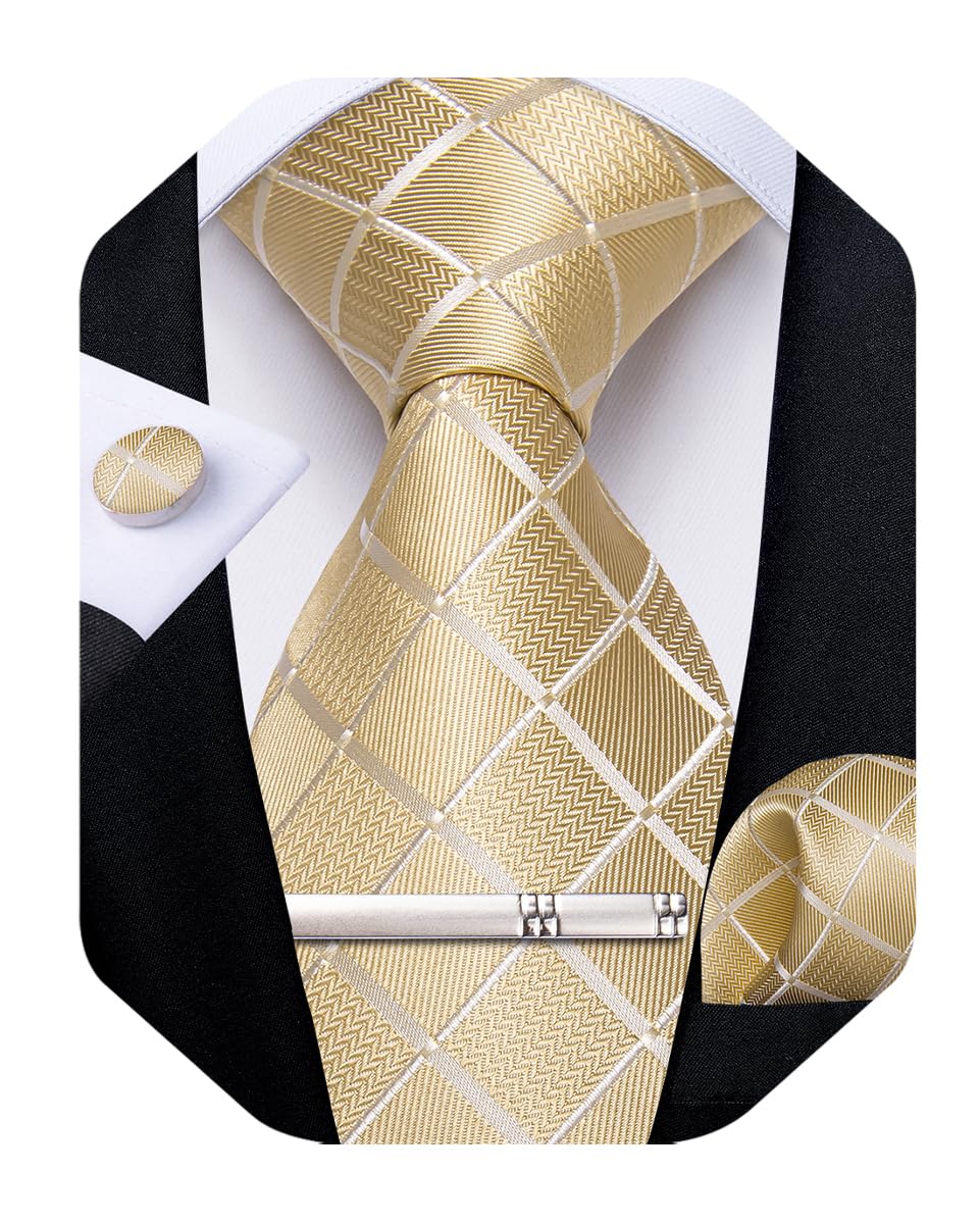 DiBanGu Mens Silk Plaid Tie and Pocket Square Set