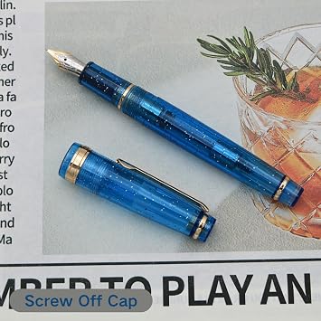 82 Fountain Pen - Acrylic Material Pen Barrel, Iridium Extra Fine Nib with Ink Converter Smooth Writing Pen Classic Design Transparent Fluorescent Blue (Gold Trim, EF)