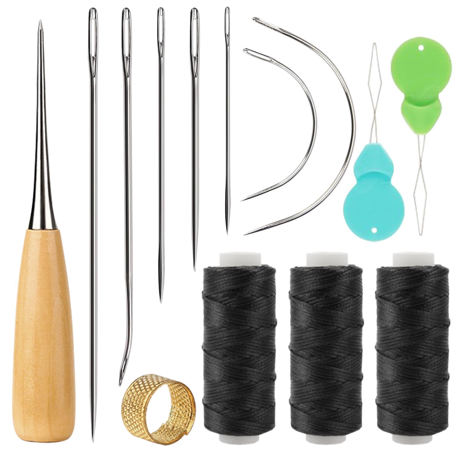 14Pcs Needle and Thread Kit, Professional Flat Sewing Waxed Thread Tools, 3 Roll of 32 Yards (30m) Suture Thread, Curved Needle and Awl etc. for Wig DIY Leather Canvas Repair and Sewing Hair Weave