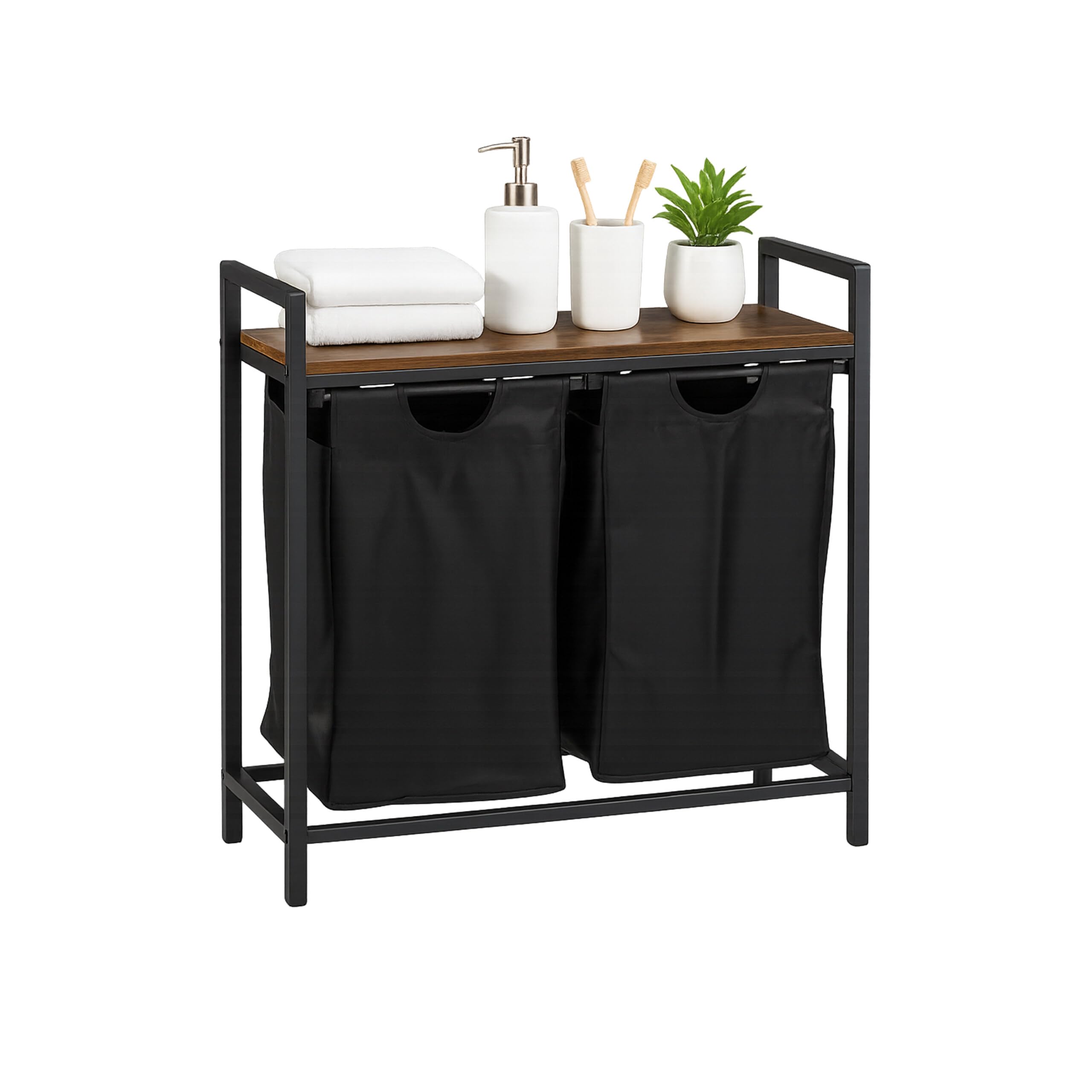 Relaxdays laundry sorter, 2 removable laundry bags, with shelf, HWD: 72 x 73 x 33 cm, metal laundry basket, brown/black