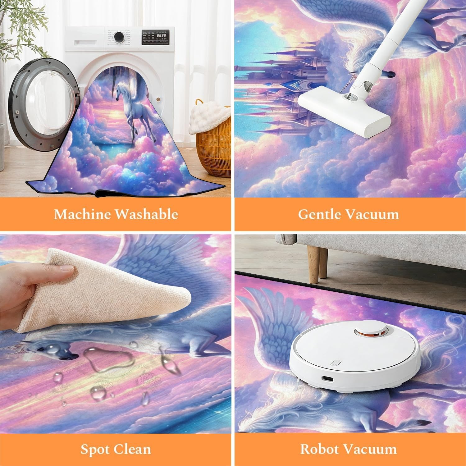 Fantasie Unicorn Kinder Teppiche, 60x110cm, Verträumt Blau Rosa Wolken Magie Schloss Teppich für Mädchen, Gemütlich Weich rutschfest Klappbar Teppich für Baby Schlafzimmer Kindergarten