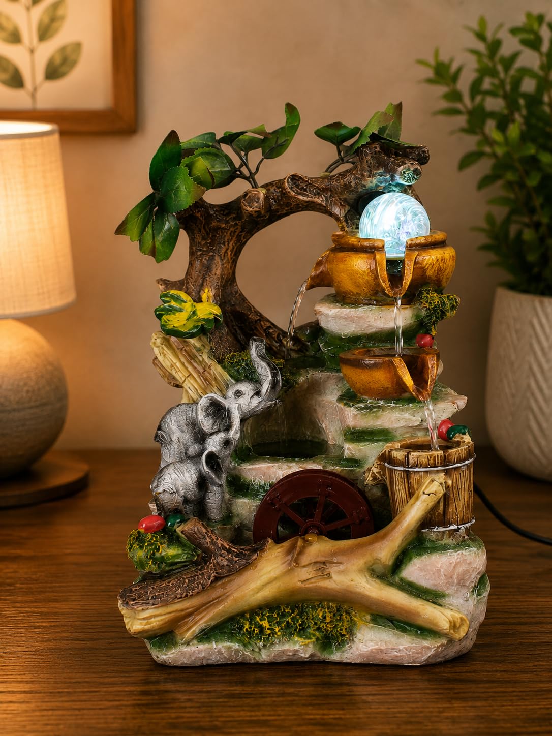 CHRONIKLE Polyresin Adorable Table Top Indoor Jungle Theme 2 Steps Waterfall Fountain for Home Decor with Multicolor LED, Speed Controller Pump & Rotating Ball (Size: 32 x 24 x 19CM | Color: Multi)-image-9