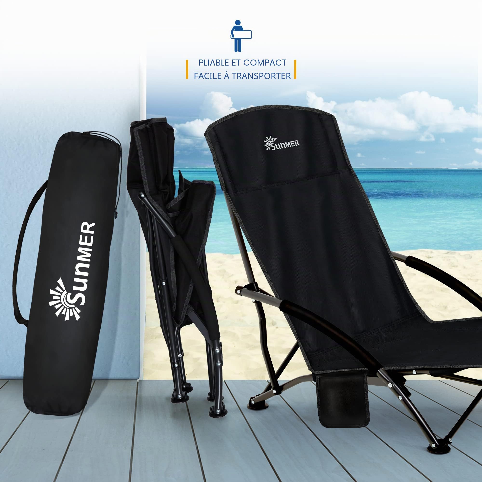 SUNMER Lot de 2 chaises de Plage Pliantes avec Poche latérale et Sac de Transport – Chaise de Camping Basse Pliable, compacte, légère, Portable, capacité de 120 kg – Noir