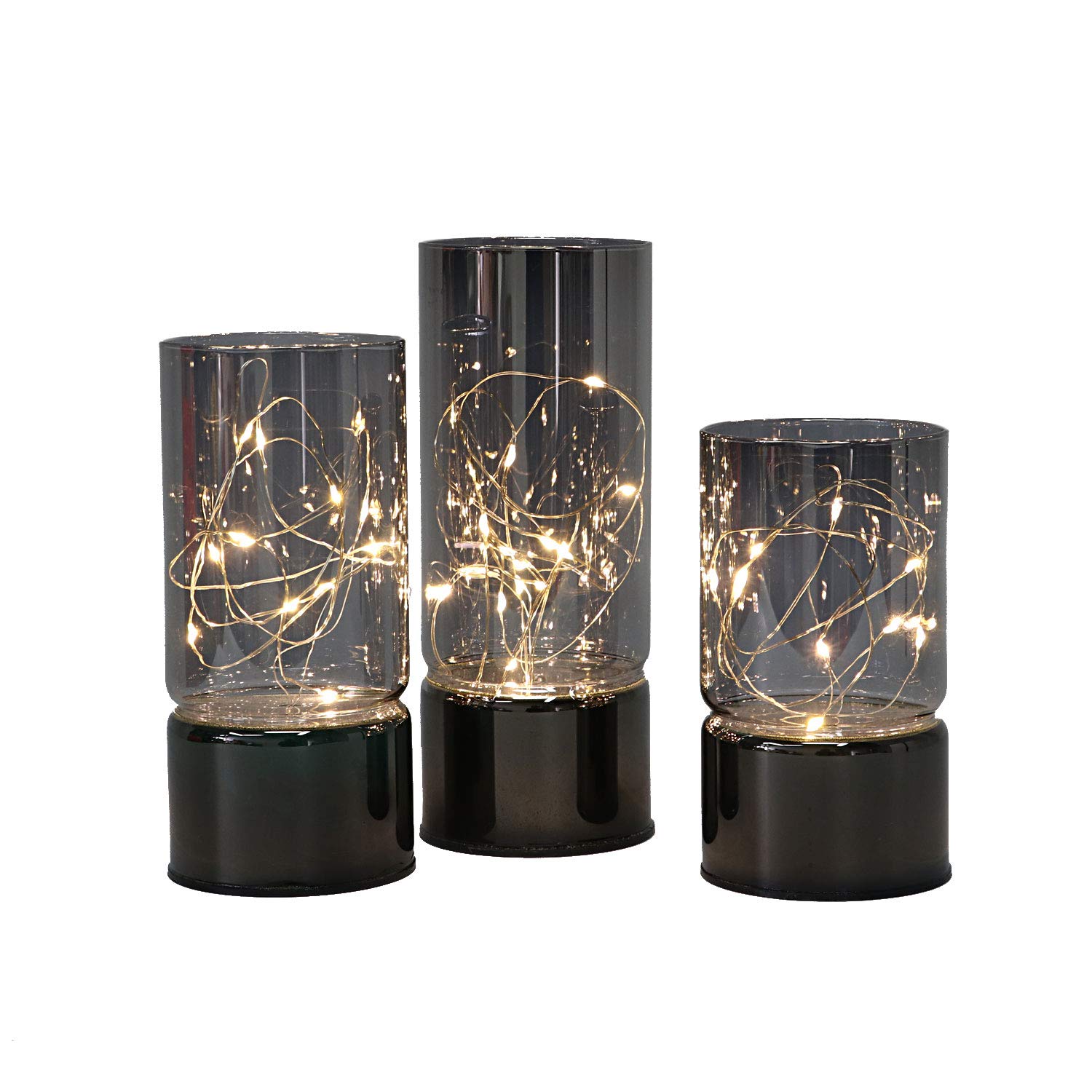 Rhytsing Set of 3 Glass Cylinder Lanterns with Fairy Lights, Flameless