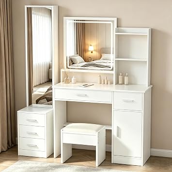 INTERGREAT Makeup Vanity with Lights and Mirror, White Vanity Desk, Dressing Table with Large Drawers, 3 Lighting Modes, Full Length Mirror, Bedroom