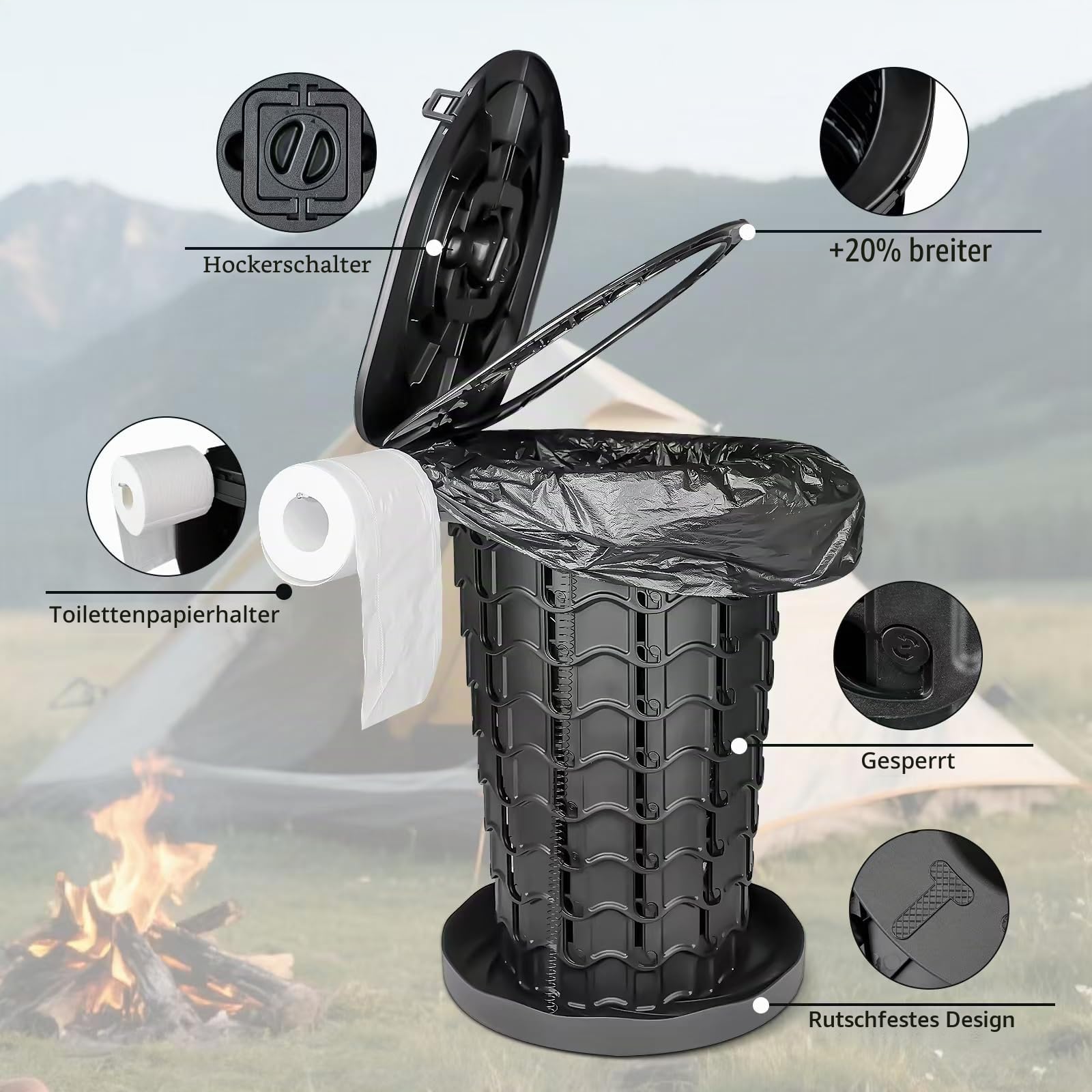 XXL einziehbare tragbare Toilette, Reise-Toilette (200 kg Kapazität), verstellbare Höhe, Camping-Toilette für Erwachsene und Kinder (8,9 - 47,7 cm), zusammenklappbar, tragbar, Töpfchen für Camp/Auto