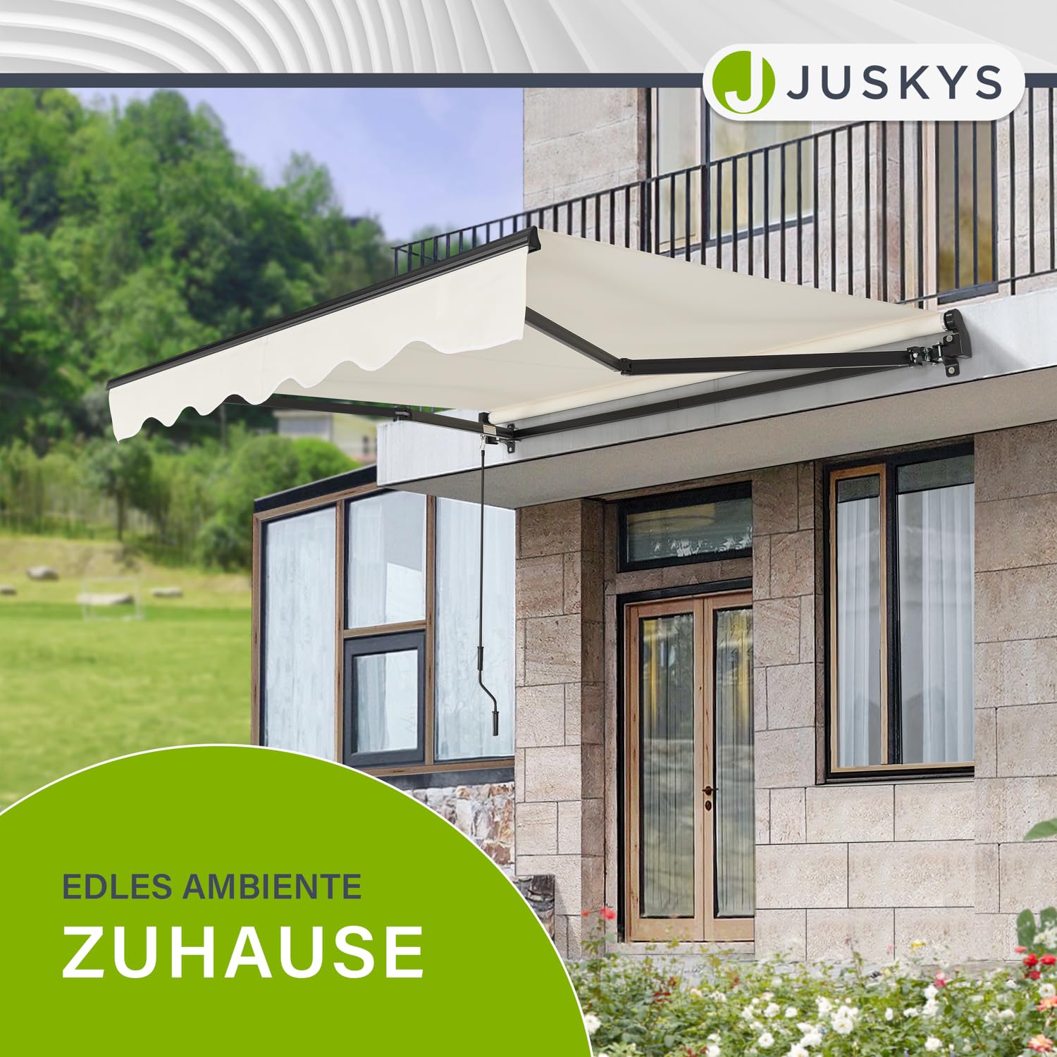 Juskys® Gelenkarmmarkise 400 x 300 cm, UV40+ & wasserabweisend, mit Kurbel & Wandhalterung Länge + Winkel einstellbar, Markise für Terrasse & Balkon, Sonnenschutz Balkonmarkise Gelenkmarkise, Beige